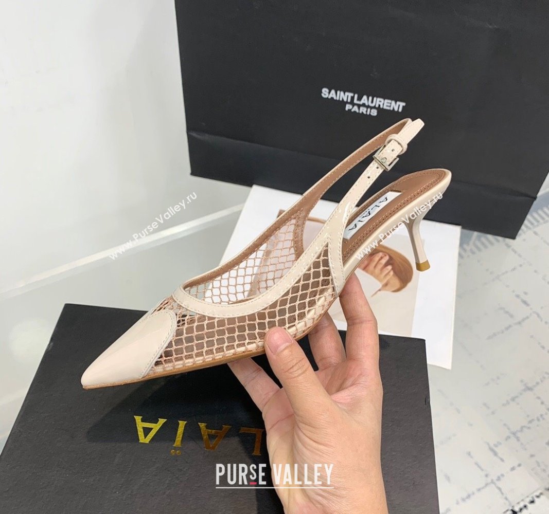 Alaia Le Cœur Heart Slingback Pumps 5.5cm in Fishnet and Patent Leather Pale Nude 2024 0531 (KER-240531066)