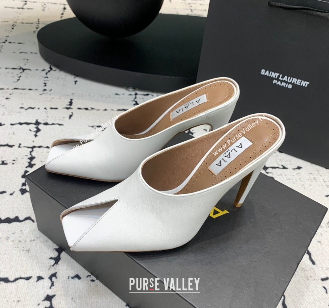 Alaia Spike Mules 10.5cm in Calfskin with Open Toe White 2024 0531 (KER-240531077)