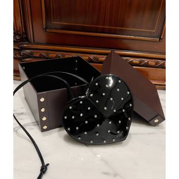 Alaia Le Cœur Heart Bag with Strass Stud Allover in Patent Leather Black 2024 0621 (TZ-240621034)