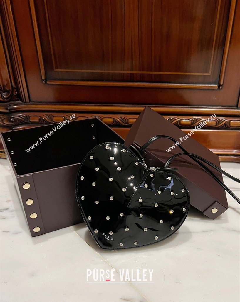 Alaia Le Cœur Heart Bag with Strass Stud Allover in Patent Leather Black 2024 0621 (TZ-240621034)