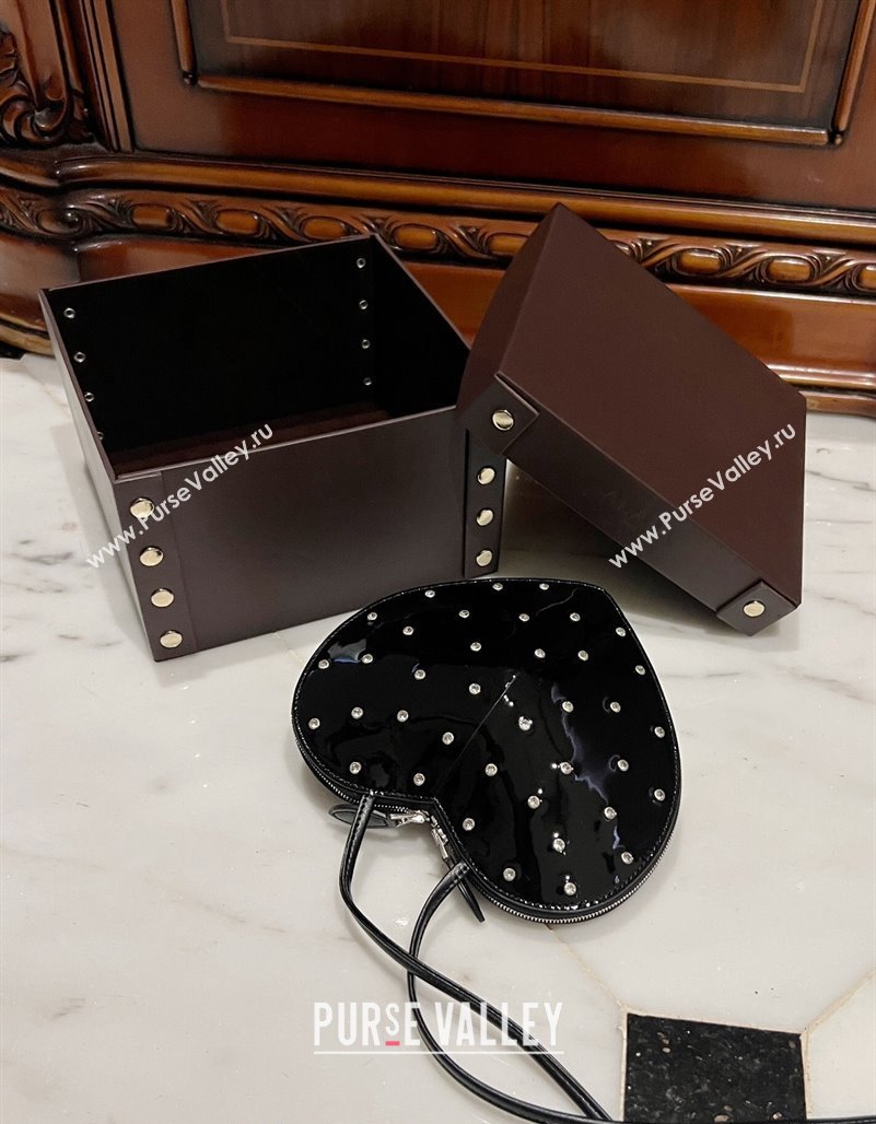 Alaia Le Cœur Heart Bag with Strass Stud Allover in Patent Leather Black 2024 0621 (TZ-240621034)