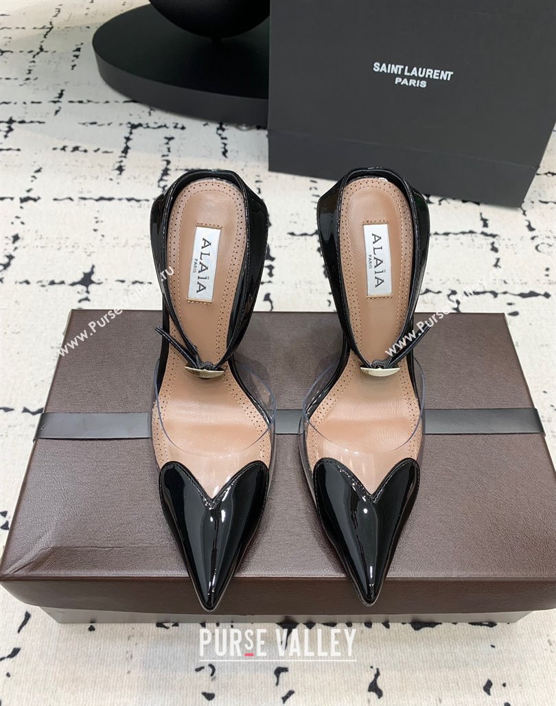 Alaia Le Cœur Heart Pumps 10.5cm in PVC and Patent Leather with Ankle Strap Black 2024 0810 (KER-24081019)