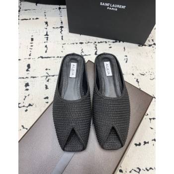 Alaia Spike Flat Mules in Raffia Straw with Open Toe Black 2024 AL053102 (KER-241008031)