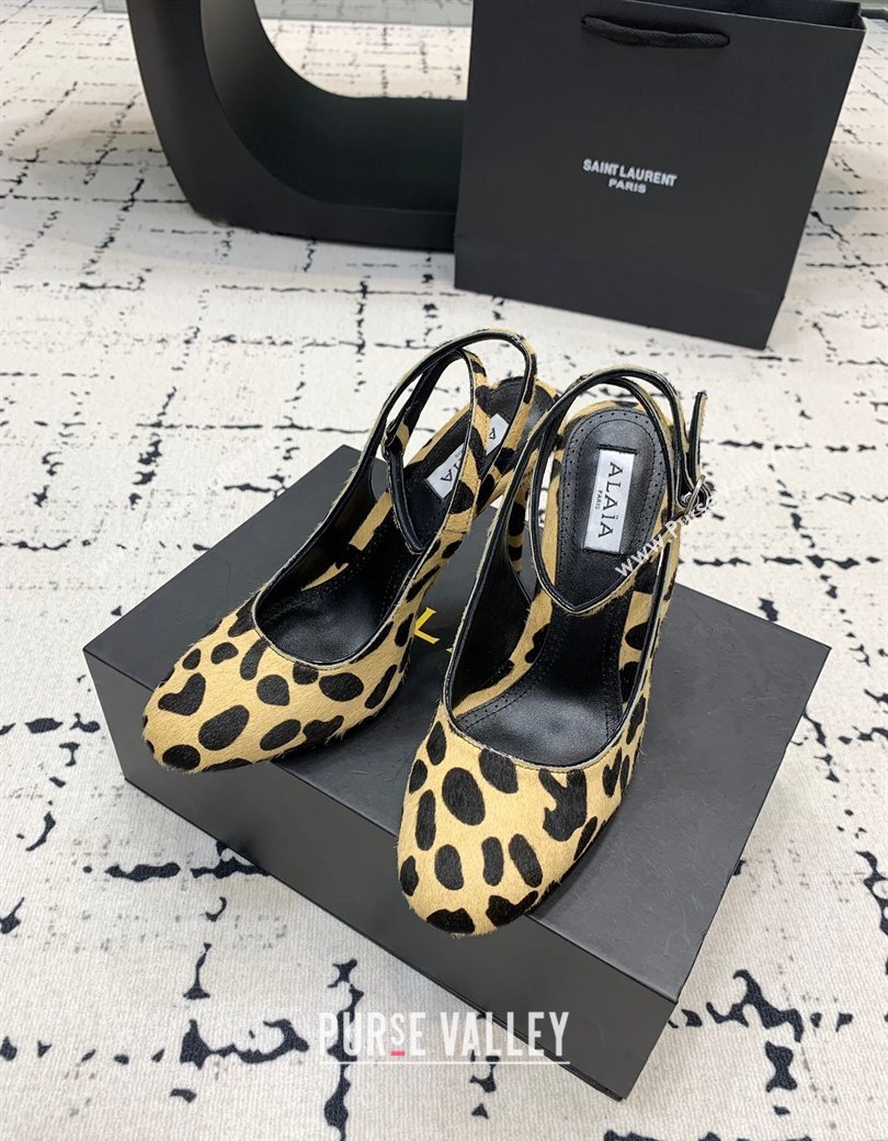 Alaia Decollete Slingback Pumps 10.5cm in Leopard Print Haircalf Yellow 2024 (KER-241223043)