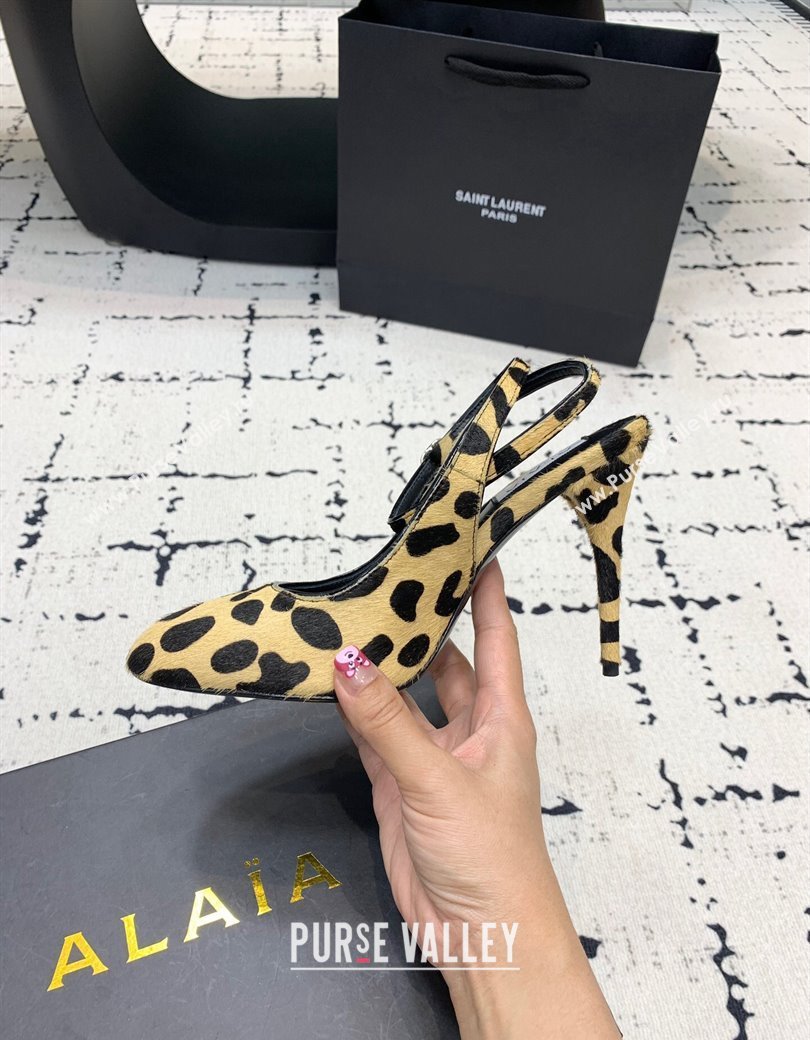 Alaia Decollete Slingback Pumps 10.5cm in Leopard Print Haircalf Yellow 2024 (KER-241223043)