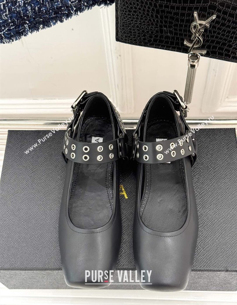 Alaia Biker Squared toe Ballet Flats in Calfskin and Eyelets with Buckle Black 2025 0224001 (MD-250224055)