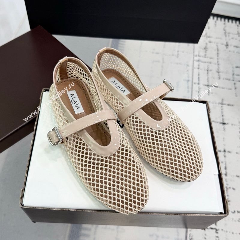 Alaia Ballet Flats in Fishnet and Patent Leather Light Nude 2025 AL060602 (KER-250606021)