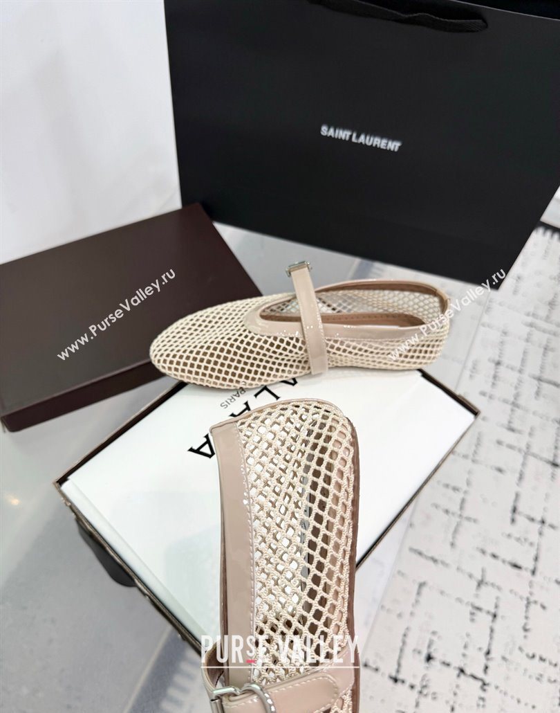 Alaia Ballet Flats in Fishnet and Patent Leather Light Nude 2025 AL060602 (KER-250606021)