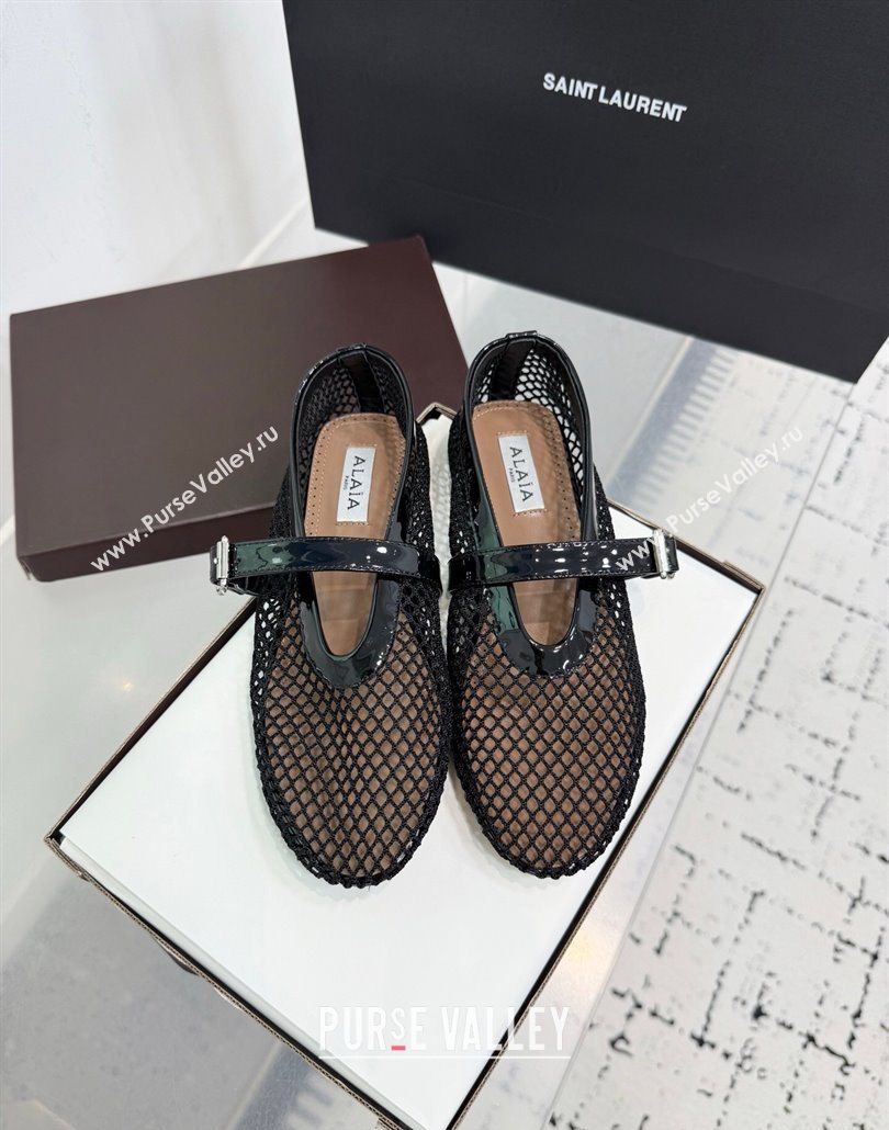 Alaia Ballet Flats in Fishnet and Patent Leather Black 2025 AL060602 (KER-250606024)
