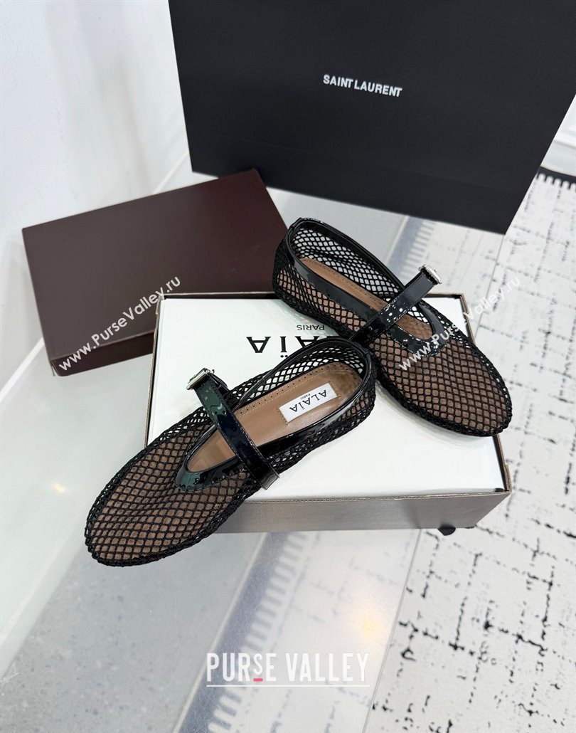 Alaia Ballet Flats in Fishnet and Patent Leather Black 2025 AL060602 (KER-250606024)
