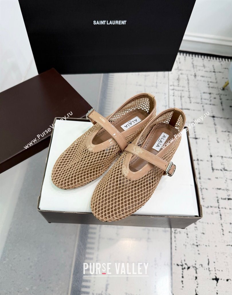 Alaia Ballet Flats in Fishnet and Patent Leather Beige 2025 AL060602 (KER-250606026)