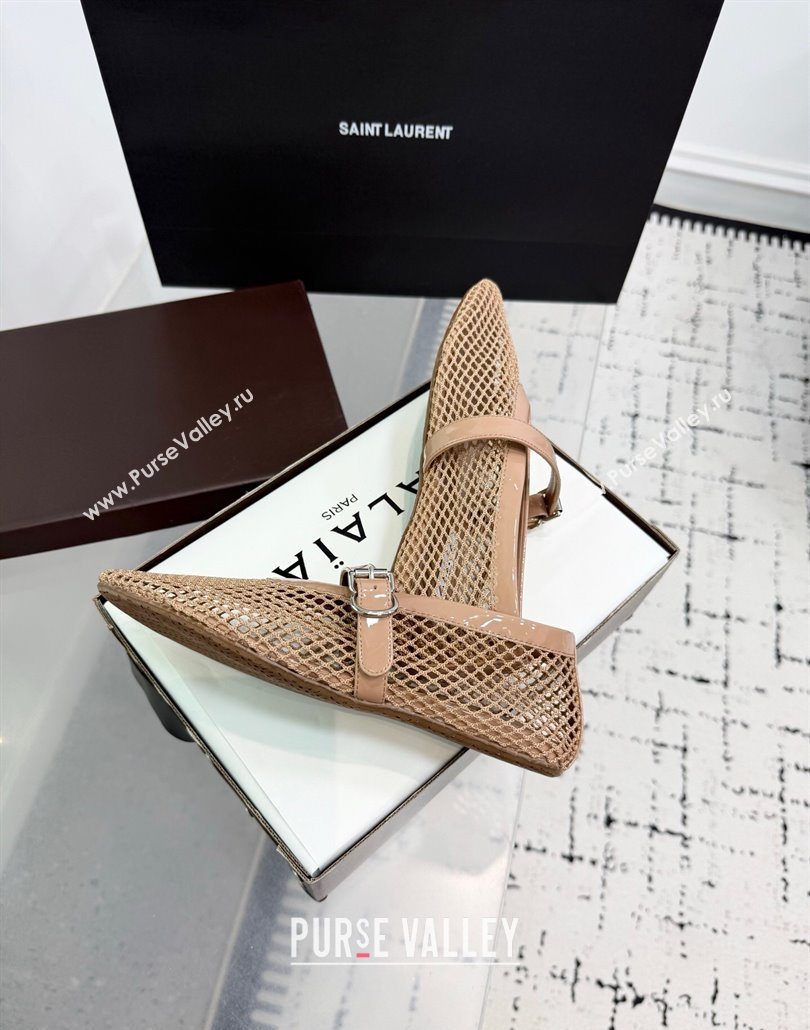 Alaia Ballet Flats in Fishnet and Patent Leather Beige 2025 AL060602 (KER-250606026)