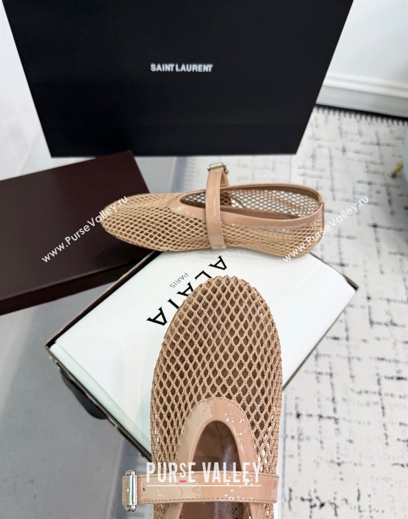 Alaia Ballet Flats in Fishnet and Patent Leather Beige 2025 AL060602 (KER-250606026)