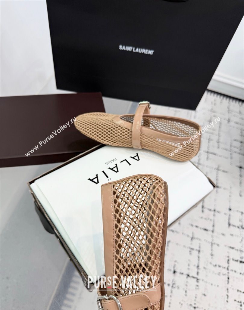 Alaia Ballet Flats in Fishnet and Patent Leather Beige 2025 AL060602 (KER-250606026)