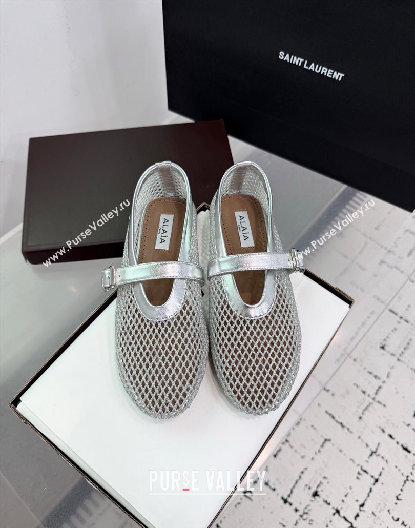 Alaia Ballet Flats in Fishnet and Calf Leather Silver 2025 AL060602 (KER-250606029)