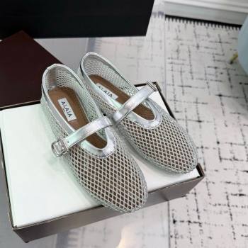 Alaia Ballet Flats in Fishnet and Calf Leather Silver 2025 AL060602 (KER-250606029)