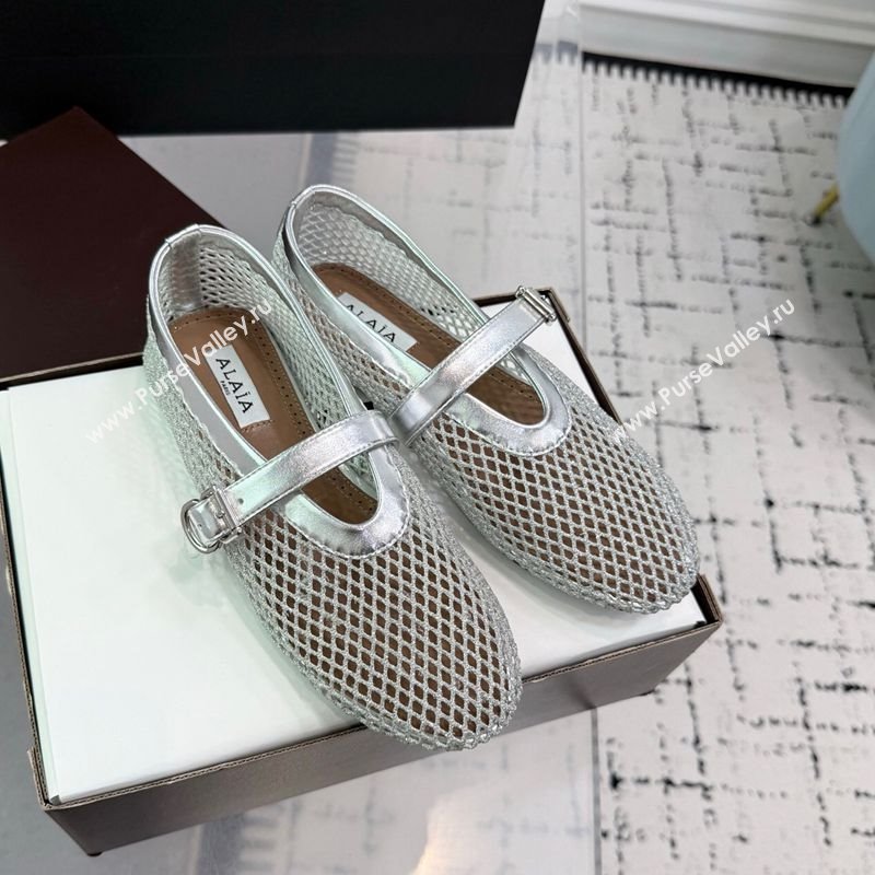 Alaia Ballet Flats in Fishnet and Calf Leather Silver 2025 AL060602 (KER-250606029)