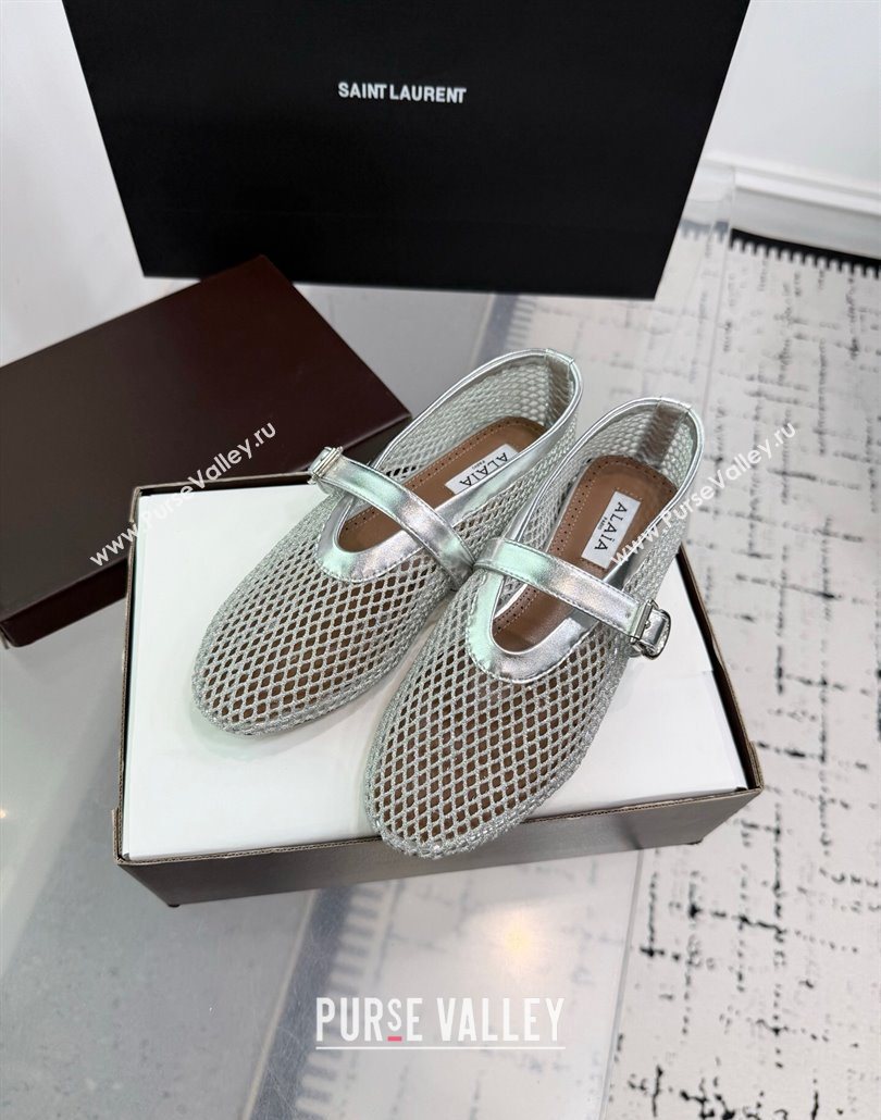 Alaia Ballet Flats in Fishnet and Calf Leather Silver 2025 AL060602 (KER-250606029)