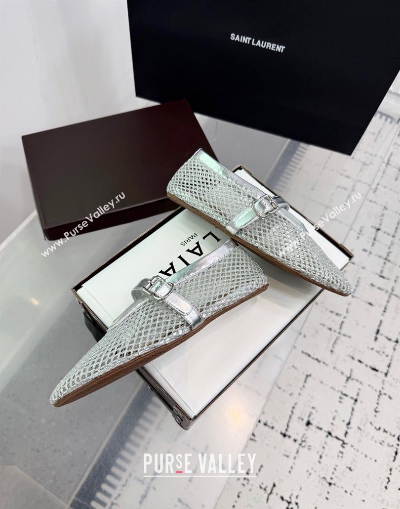 Alaia Ballet Flats in Fishnet and Calf Leather Silver 2025 AL060602 (KER-250606029)