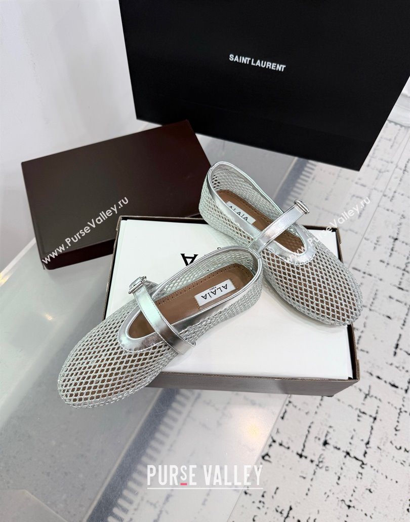 Alaia Ballet Flats in Fishnet and Calf Leather Silver 2025 AL060602 (KER-250606029)