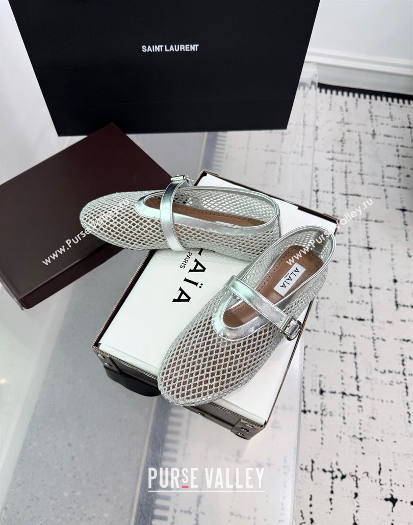 Alaia Ballet Flats in Fishnet and Calf Leather Silver 2025 AL060602 (KER-250606029)