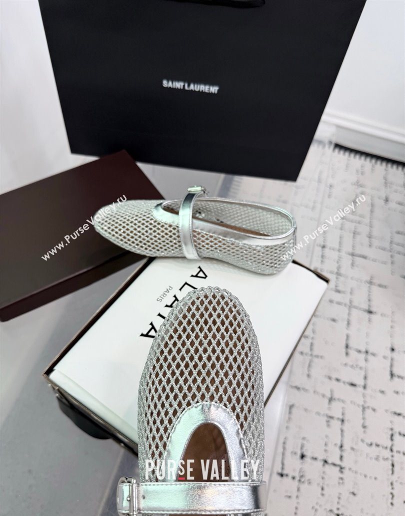 Alaia Ballet Flats in Fishnet and Calf Leather Silver 2025 AL060602 (KER-250606029)