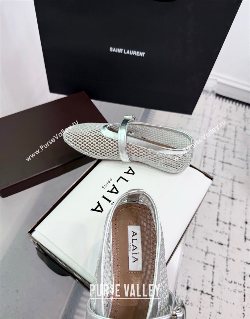 Alaia Ballet Flats in Fishnet and Calf Leather Silver 2025 AL060602 (KER-250606029)