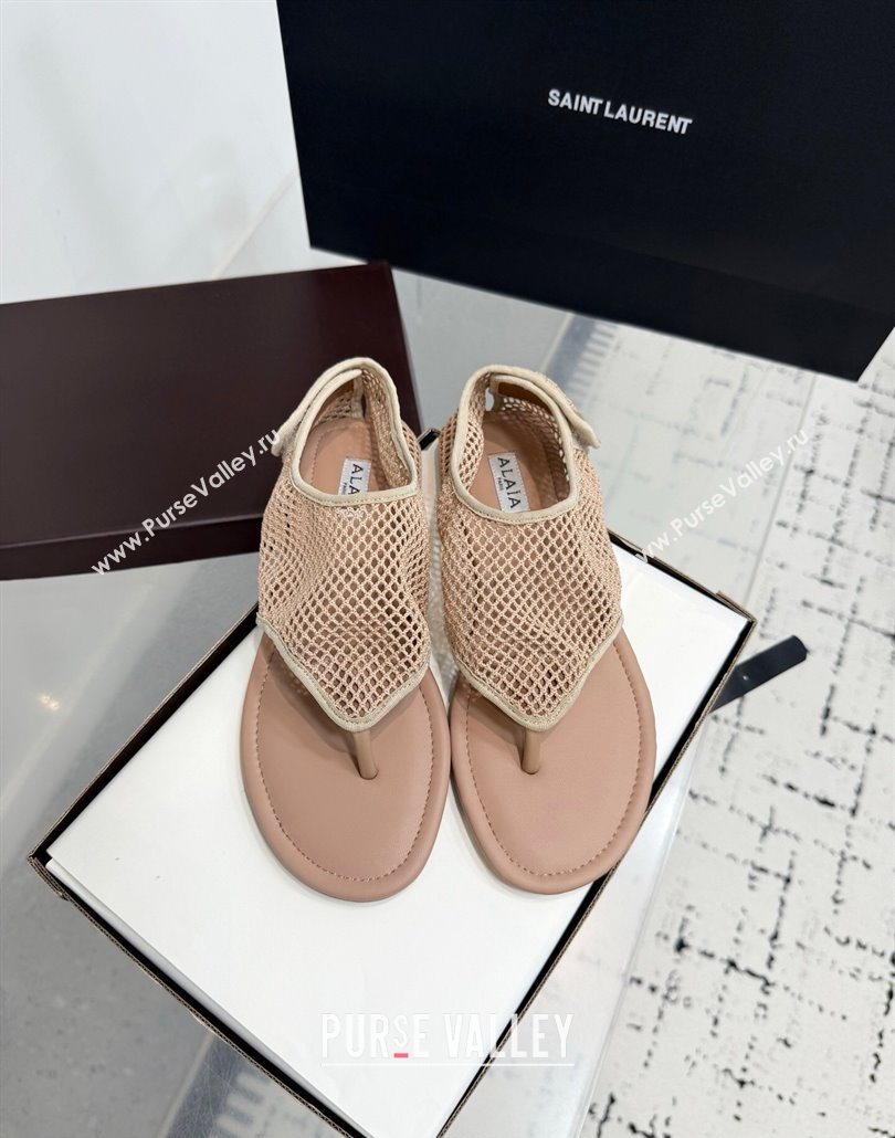 Alaia Flat Thong Sandals in Fishnet Nude 2025 AL060601 (KER-250606011)