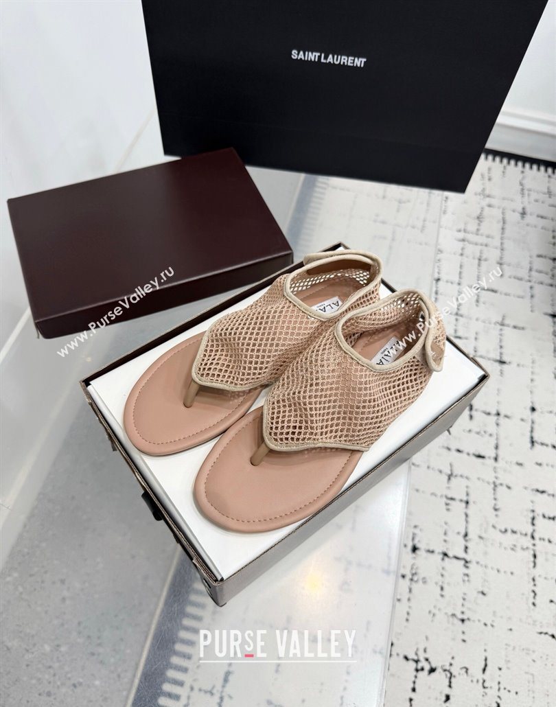 Alaia Flat Thong Sandals in Fishnet Nude 2025 AL060601 (KER-250606011)