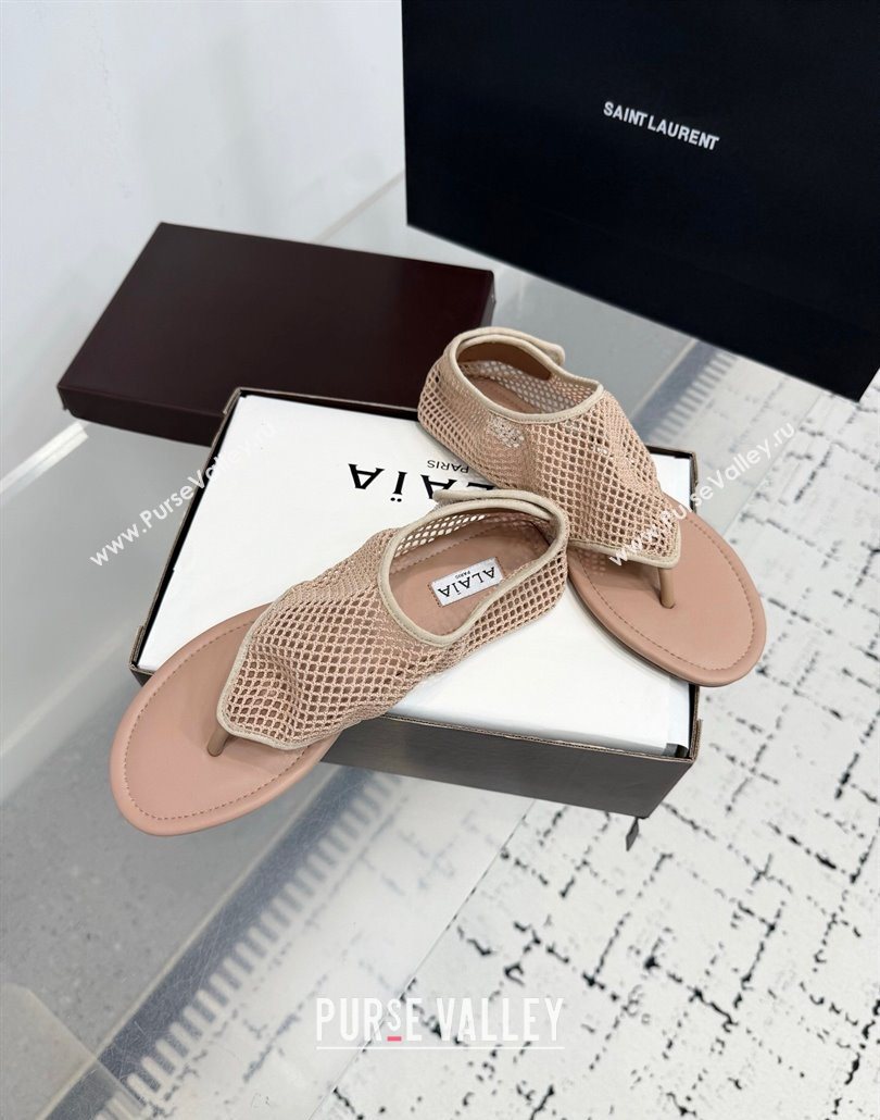Alaia Flat Thong Sandals in Fishnet Nude 2025 AL060601 (KER-250606011)