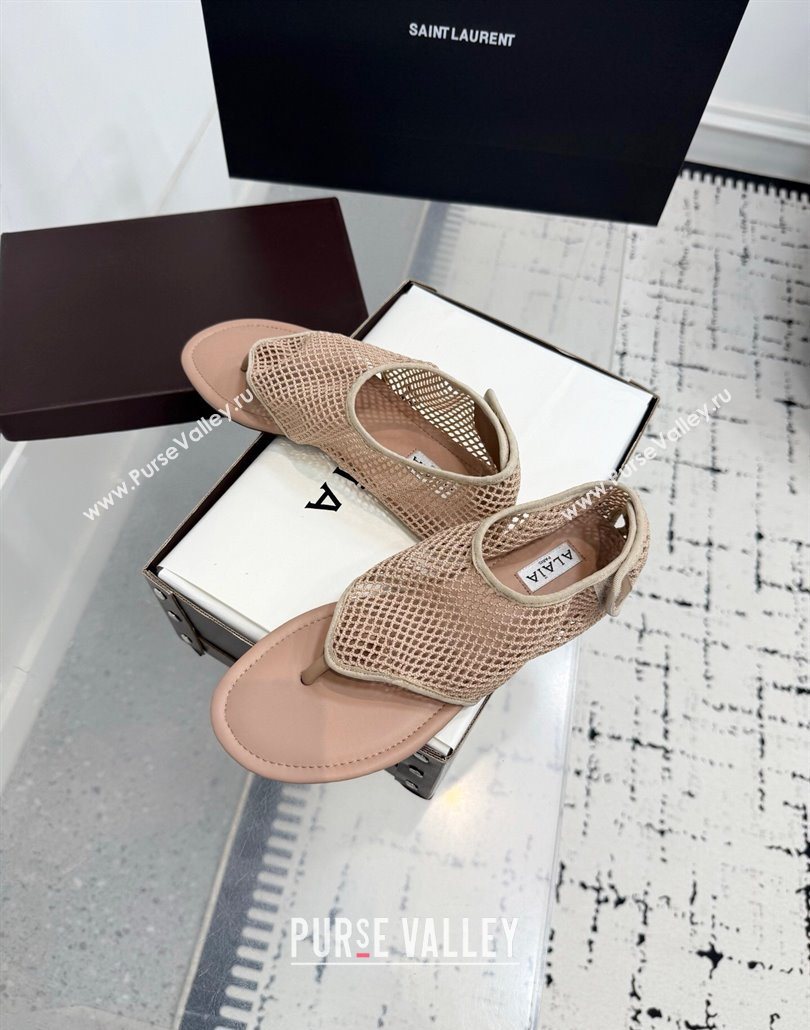 Alaia Flat Thong Sandals in Fishnet Nude 2025 AL060601 (KER-250606011)