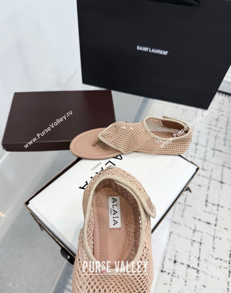 Alaia Flat Thong Sandals in Fishnet Nude 2025 AL060601 (KER-250606011)