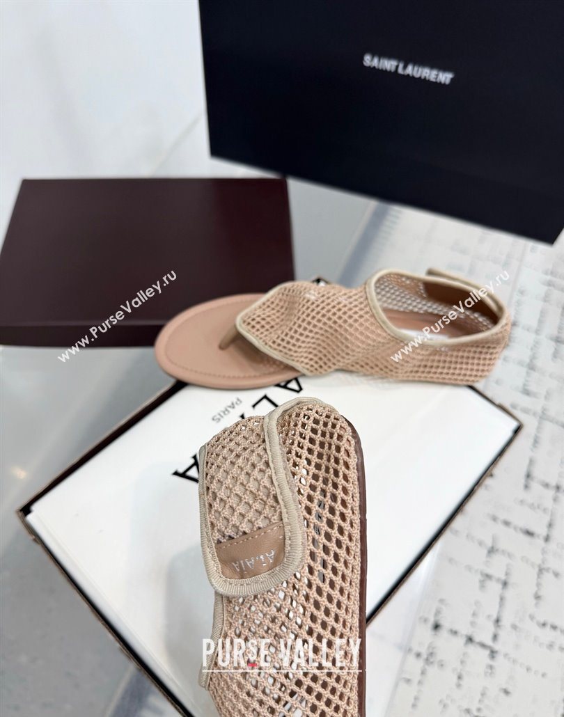 Alaia Flat Thong Sandals in Fishnet Nude 2025 AL060601 (KER-250606011)
