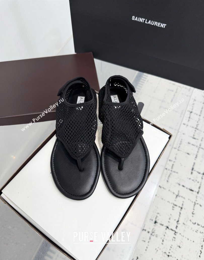 Alaia Flat Thong Sandals in Fishnet Black 2025 AL060601 (KER-250606009)