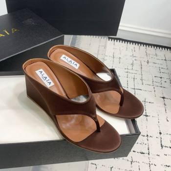 Alaia Cube Wedge Thong Slides Sandal 7.5cm in Satin Brown 2025 AL060607 (KER-250606047)