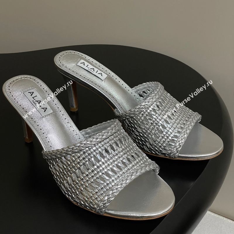 Alaia Heel Slides Sandal 7cm in Braided Lambskin Silver 2025 AL060609 (MD-250606057)