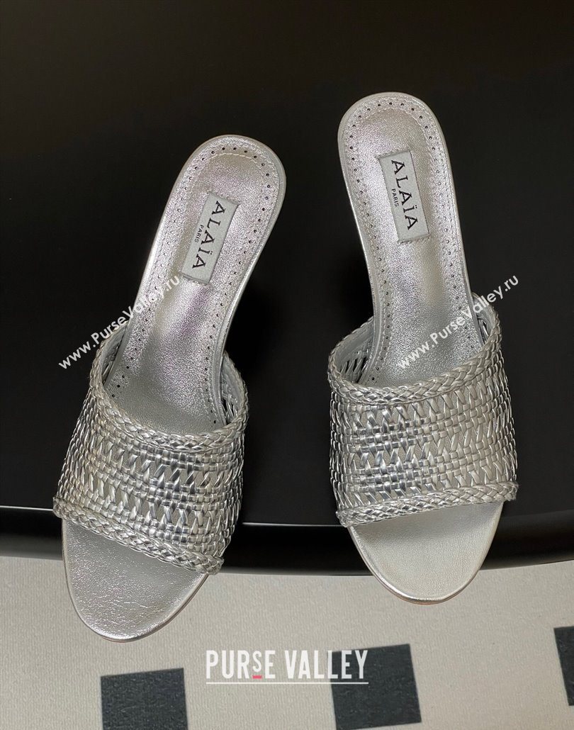 Alaia Heel Slides Sandal 7cm in Braided Lambskin Silver 2025 AL060609 (MD-250606057)