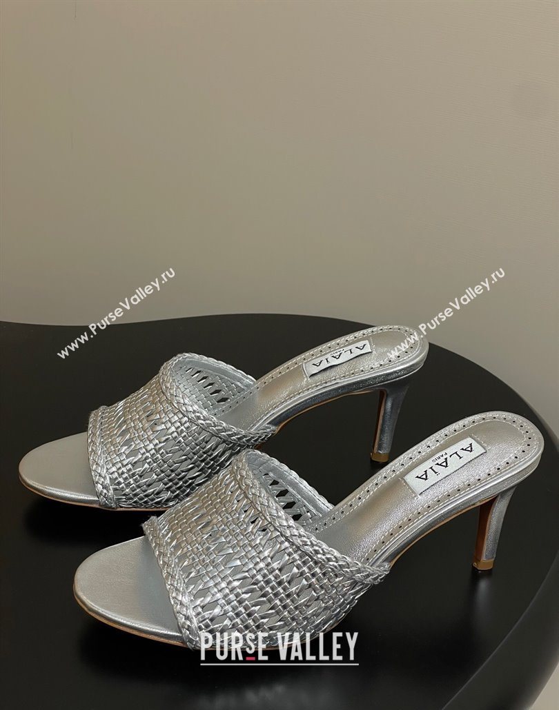 Alaia Heel Slides Sandal 7cm in Braided Lambskin Silver 2025 AL060609 (MD-250606057)