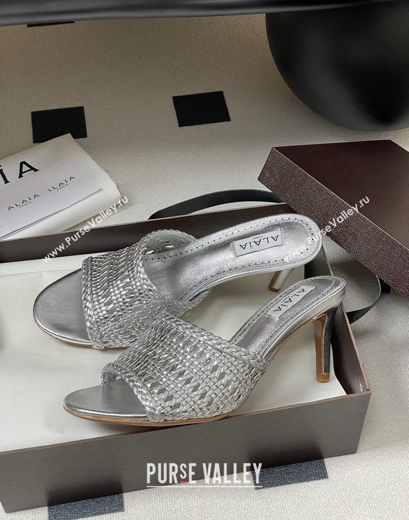 Alaia Heel Slides Sandal 7cm in Braided Lambskin Silver 2025 AL060609 (MD-250606057)