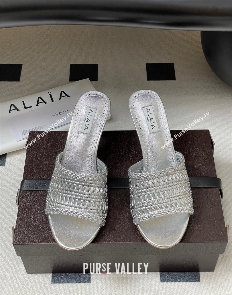 Alaia Heel Slides Sandal 7cm in Braided Lambskin Silver 2025 AL060609 (MD-250606057)