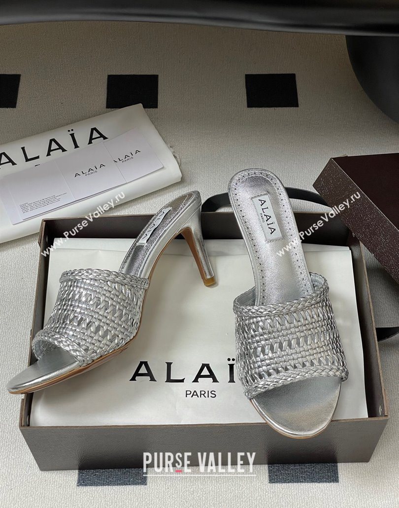 Alaia Heel Slides Sandal 7cm in Braided Lambskin Silver 2025 AL060609 (MD-250606057)