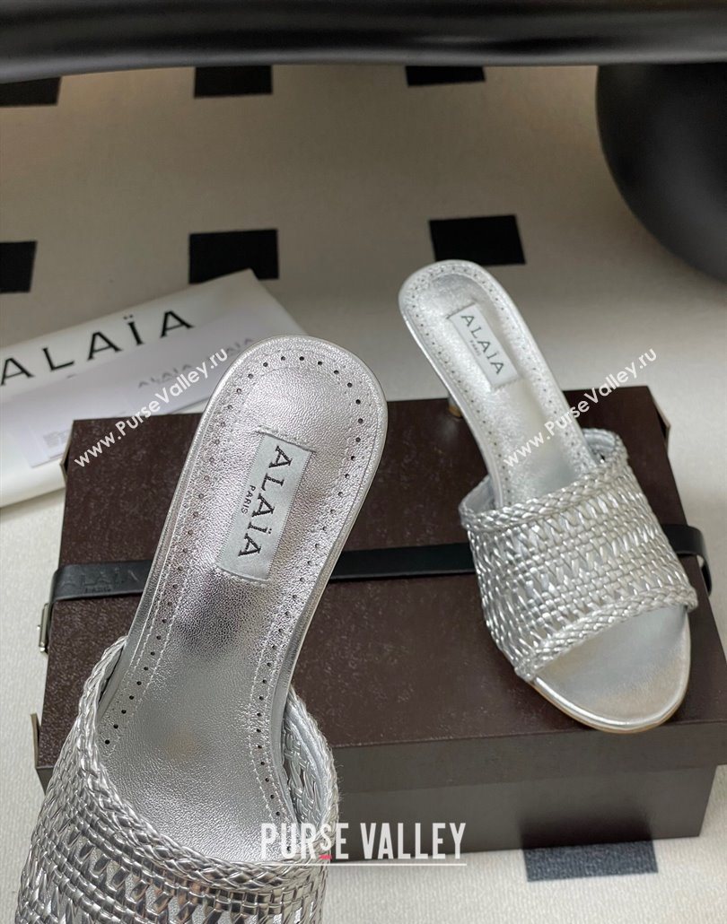 Alaia Heel Slides Sandal 7cm in Braided Lambskin Silver 2025 AL060609 (MD-250606057)