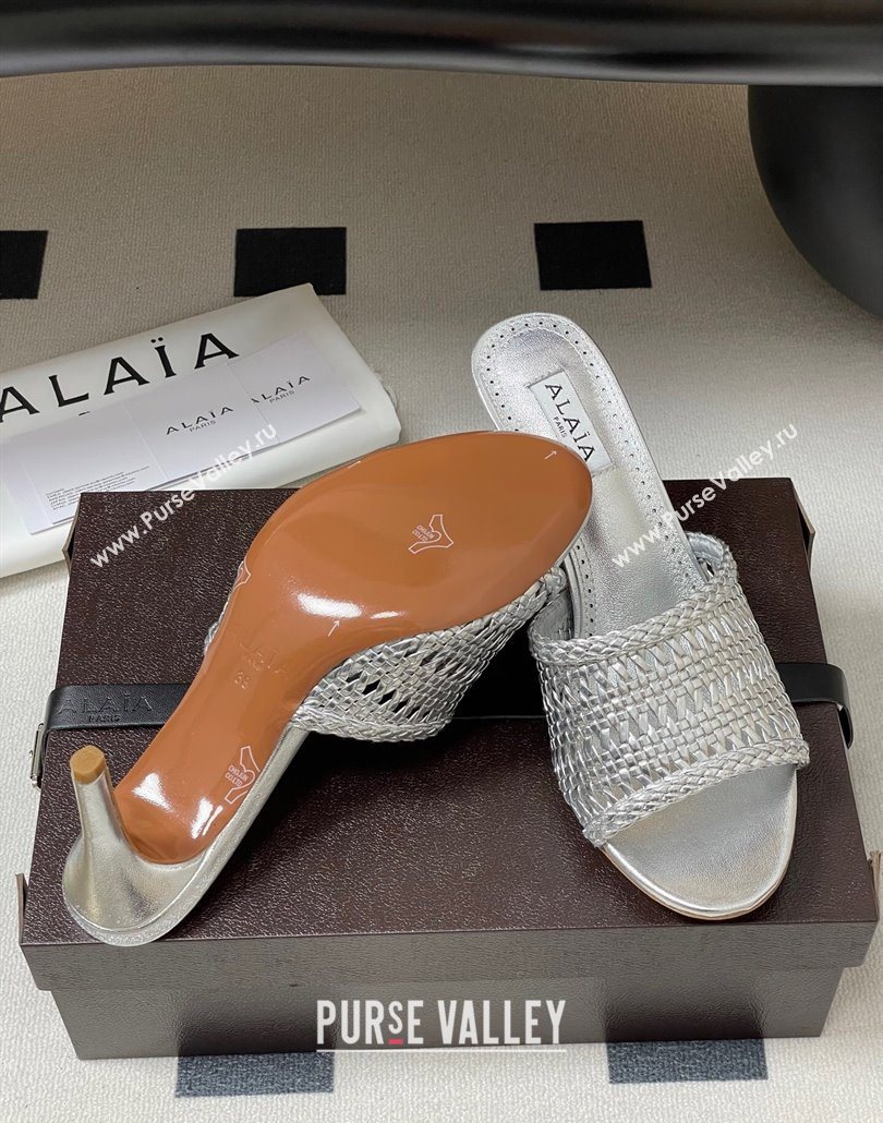 Alaia Heel Slides Sandal 7cm in Braided Lambskin Silver 2025 AL060609 (MD-250606057)