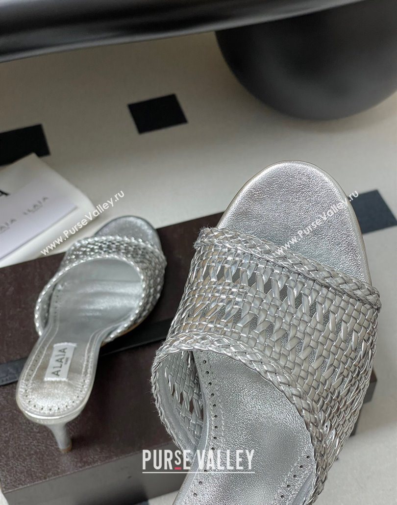 Alaia Heel Slides Sandal 7cm in Braided Lambskin Silver 2025 AL060609 (MD-250606057)