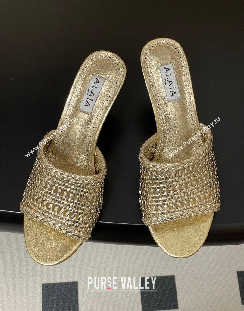 Alaia Heel Slides Sandal 7cm in Braided Lambskin Gold 2025 AL060609 (MD-250606058)