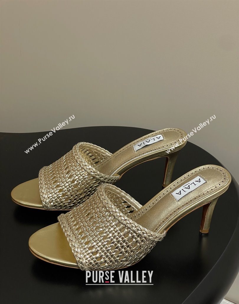Alaia Heel Slides Sandal 7cm in Braided Lambskin Gold 2025 AL060609 (MD-250606058)