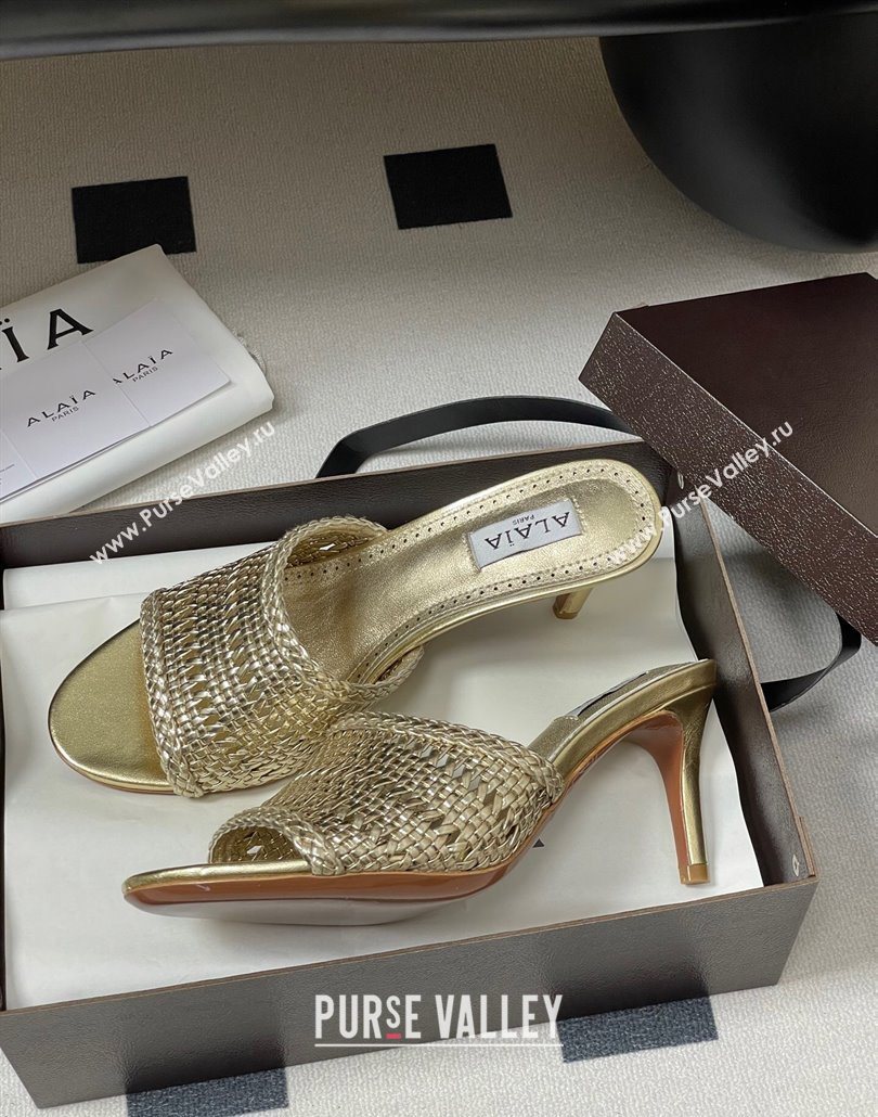 Alaia Heel Slides Sandal 7cm in Braided Lambskin Gold 2025 AL060609 (MD-250606058)