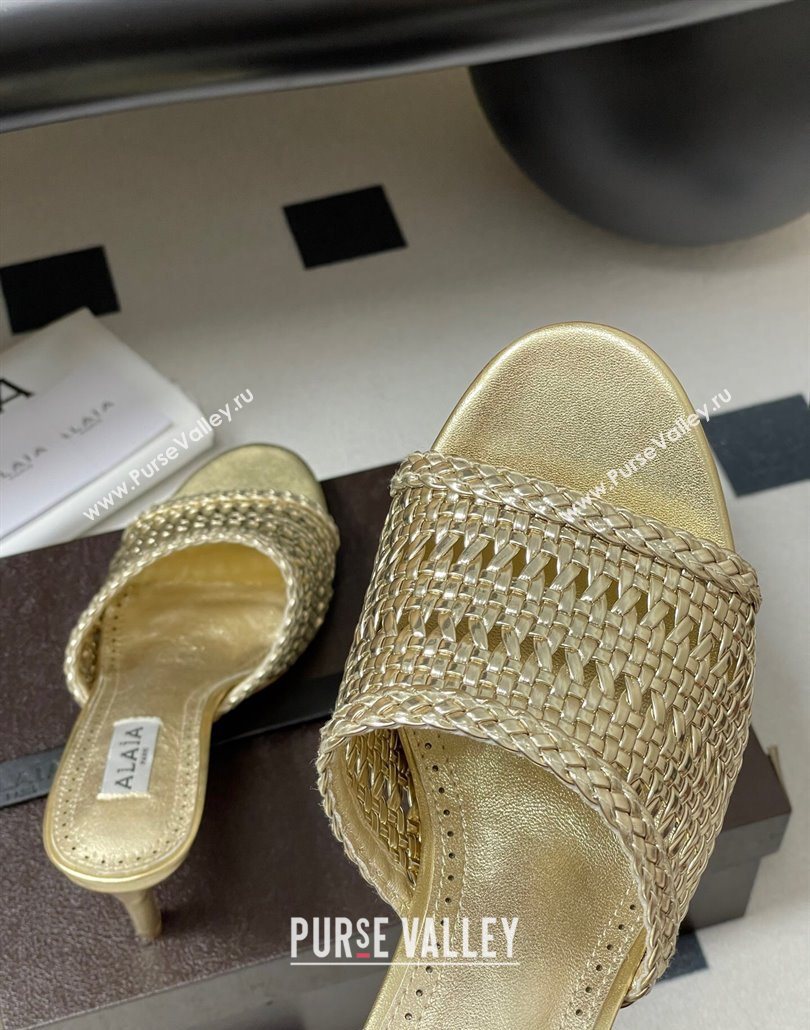 Alaia Heel Slides Sandal 7cm in Braided Lambskin Gold 2025 AL060609 (MD-250606058)
