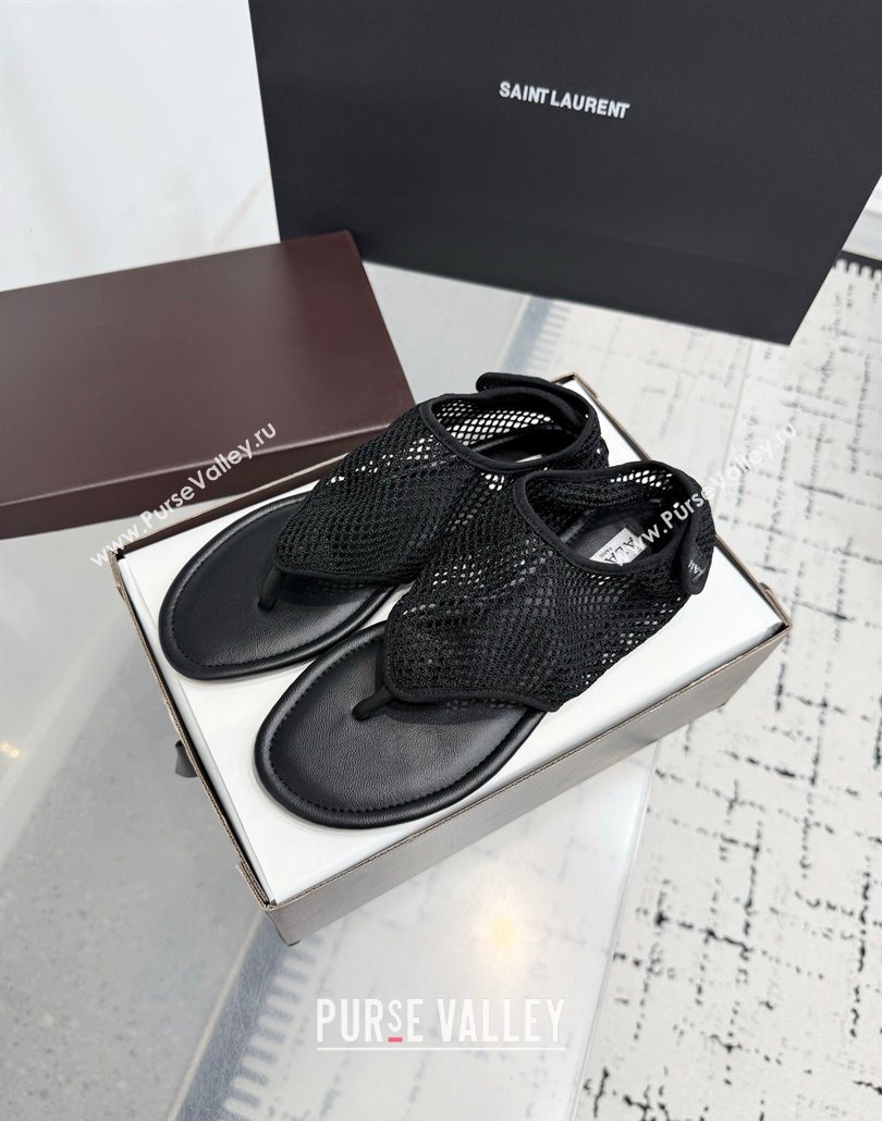 Alaia Flat Thong Sandals in Fishnet Black 2025 AL060601 (KER-250606009)