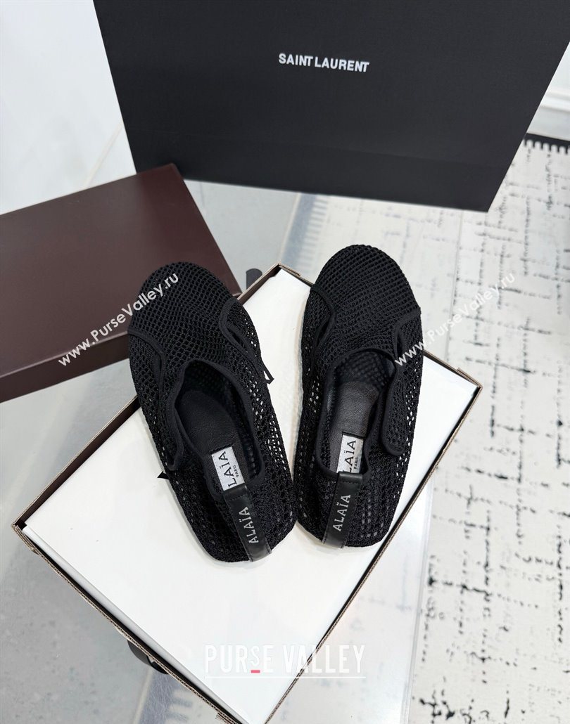 Alaia Flat Slippers in Fishnet Black 2025 AL060601 (KER-250606014)